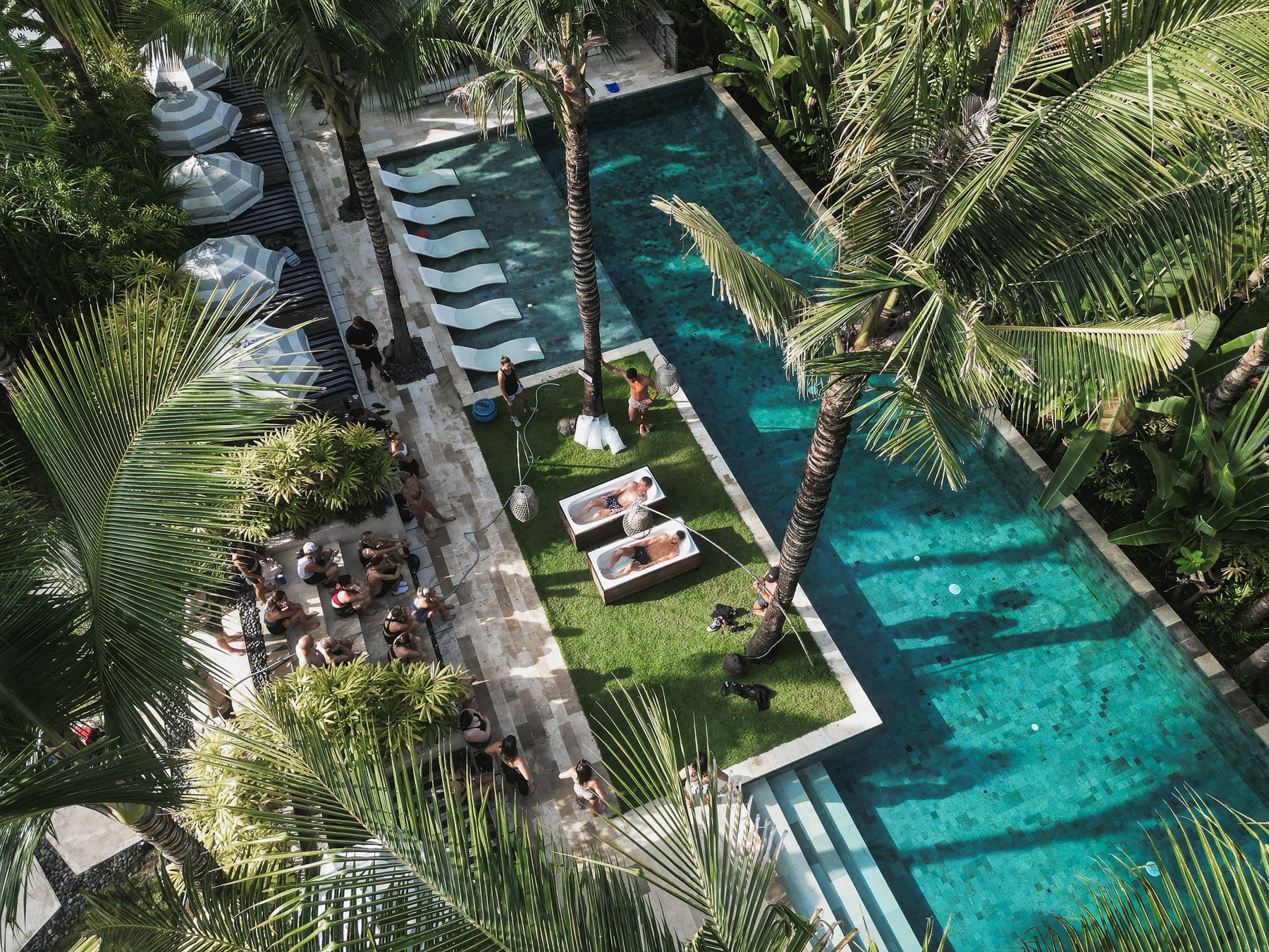 An overhead view of the turquoise pool, palm trees and guests in Bali